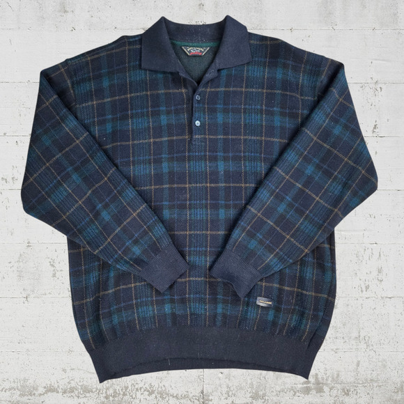 80s Vintage Paul & Shark Yachting Navy Green Tartan Wool Rugby Sweater Size XL - Picture 1 of 8